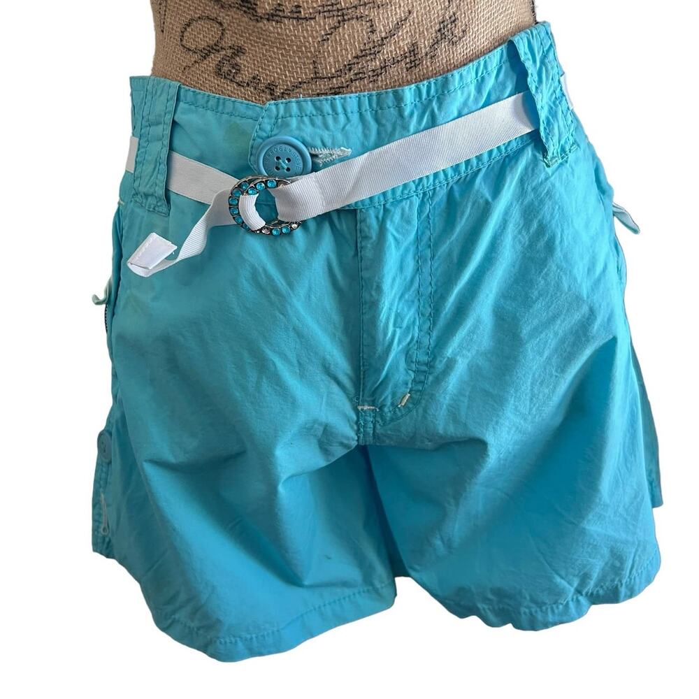 VTG Steve & Barrys Y2K Aqua Turquoise Cargo Shorts Rhinestone Belt Size 12